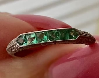 Ca. 1890er Jahre inspirieren Vintage-Stil Band, antike filigrane halbe Eternity Band, Princess Cut CZ-Stein Ehering, Blumenmotiv Art-Deco-Band