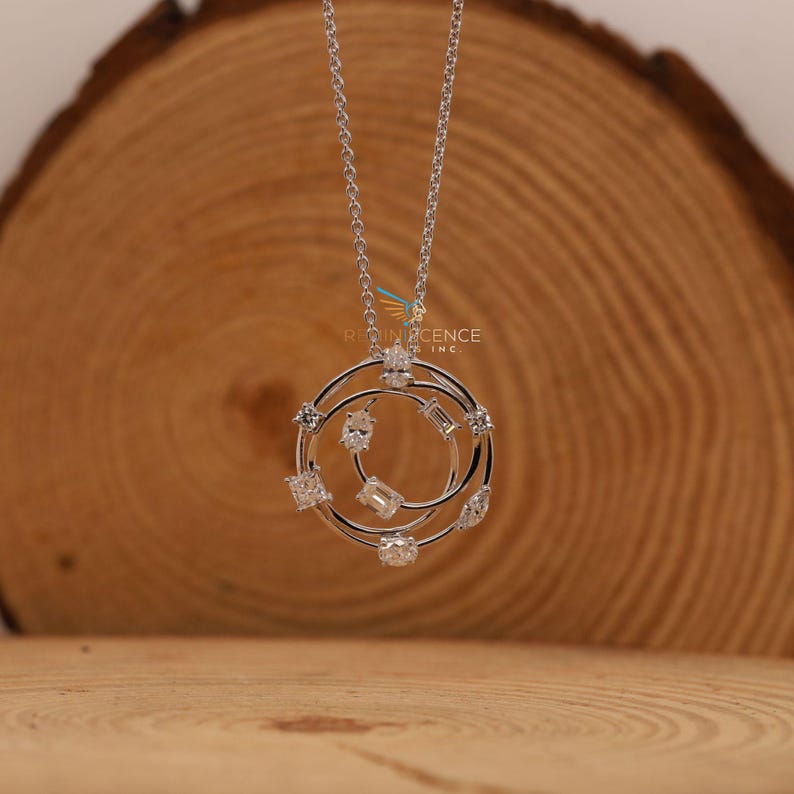 Lab Grown Multi Circle Pendant, 14K White Gold Pendant, Mixed Shape