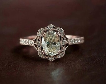 Oval Moissanite Diamond Designer Halo Ring, Wedding Engagement Ring, Milgrain Ring, 10K Rose Gold Anniversary Gift Ring, Mother&#39;s Day Gift