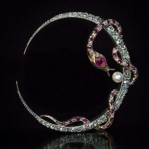 Circa 1890's Women-Men's Brooch, 19th Mid-Century Inspire Serpent Snake Brooch, Ruby Snake Brooch, Pearl With Old European Cut Stone Brooch