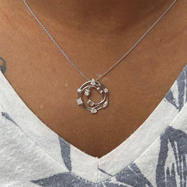 Lab Grown Multi Circle Pendant, 14K White Gold Pendant, Mixed Shape