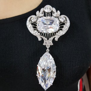 Cushion & Marquise Cut CZ Stone Drop Brooch, Victorian Art Deco Brooch For Women, 925 Silver Openwork Filigree Brooch, Party Wear Brooch