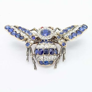 Circa 1880 Sapphire CZ Stone Brooch, &quot;HONEY BEE&quot; Brooch, Bug Insect Inspired Brooch, Women&#39;s Party Wear Brooch, 14K White Gold Brooch