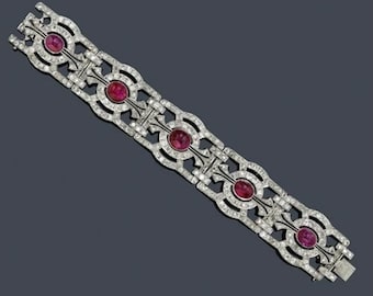 Pulsera de rubí de diseño geométrico de 1935, pulsera de tenis de diamantes de corte redondo y ovalado rosa, pulsera de tenis vintage estilo Art Déco, pulsera de boda