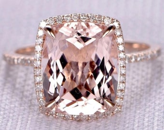 Morganite CZ Gemstone Engagement Ring, Cushion & Round CZ Stone Ring, Halo With Accents Ring, Wedding Bridal Ring, Mother&#39;s Day Gift Ring