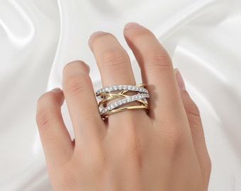 Anillo cruzado bicolor, anillo cruzado de varias filas, anillo único para cóctel y fiesta, anillo de boda redondo de moissanita y diamantes, anillo de compromiso