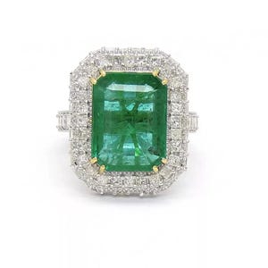Halo Engagement Ring, Green Emerald Cut CZ Stone Women&#39;s Ring, Wedding Bridal Ring, Two Tone Gold Gemstone Ring, Anniversary Gift Ring