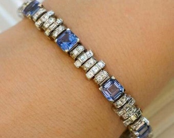 Circa 1960’s Sapphire & Diamond Line Bracelet, Blue Asscher And Round Diamond Edwardian Bracelet, Art Deco Wedding Tennis Bracelet For Women