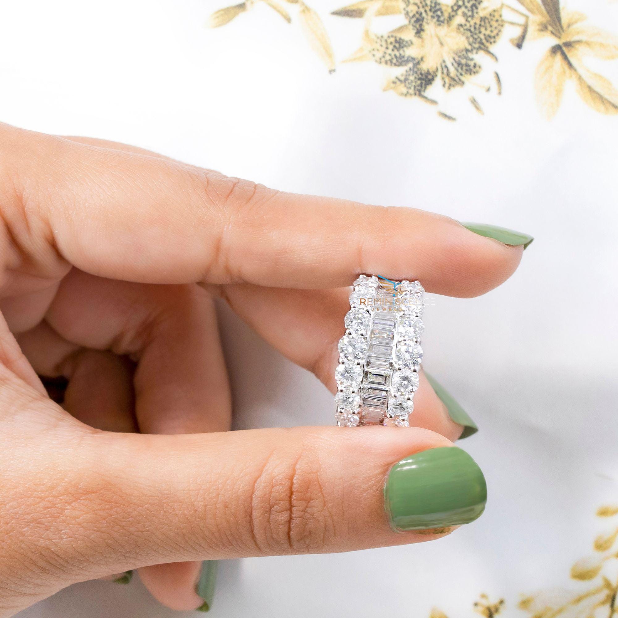 Mixed Shape Engagement Ring, Round & Baguette Moissanite Three Row Ring, Party Wear Ring, Wedding Anniversary Gift Ring, Mother's Day Gift