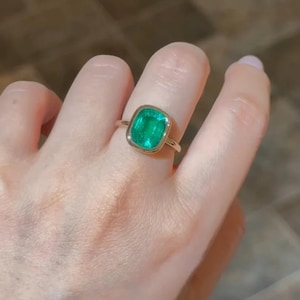 Solitaire Gemstone Ring, Green Cushion CZ Stone Engagement Ring, Bezel Set Birthstone Ring, Wedding Anniversary Gift For Her, Promise Ring