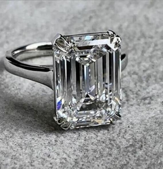 Emerald Cut Moissanite Diamond Solitaire Engagement Ring, Wedding