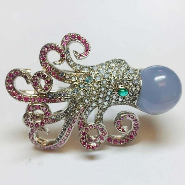 Octopus Diamond Brooch, 18K Gold Pearl Brooch, Multi Color Stone Brooch, Ocean Sea Jewelry, Women's Animal Inspired Brooc, Antique Brooch