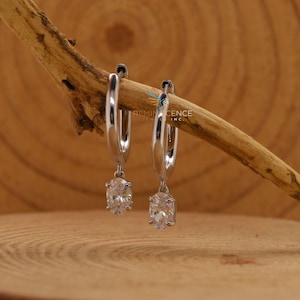 Drop Huggie Hoop Earrings, Oval Moissanite Diamond Drop Earrings, Promise Gift For Her, Helix Hoops, Dangle Hoops, Dainty Hoops For Wedding
