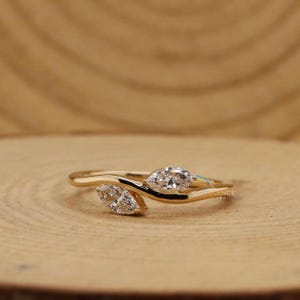 Marquise Moissanite Diamond Two Stone Ring,Wave Band Minimalist Ring, Delicate Daily Wear Ring, You & Me Ring, 10K Gold Wedding Promise Ring