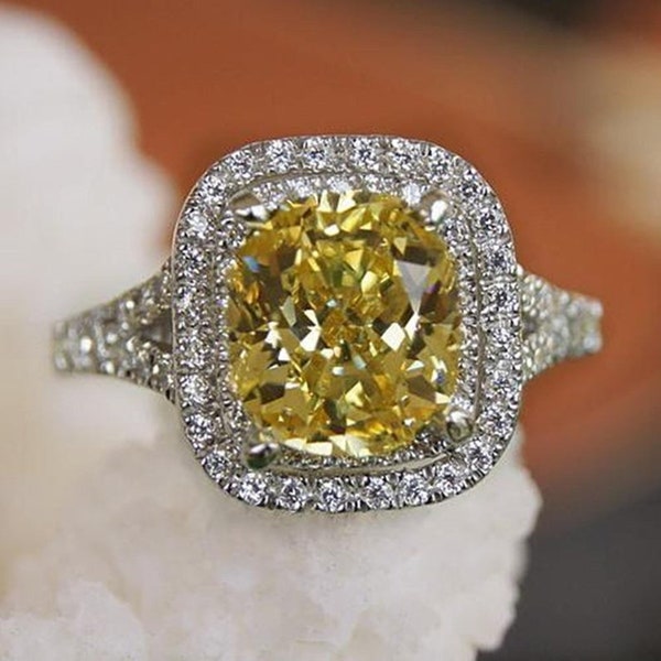 Yellow Gemstone Wedding Ring, Cushion & Round Cut CZ Diamond Ring, Double Halo Engagement Ring, Solitaire With Accent Anniversary Gift Ring