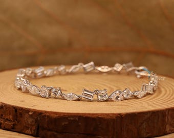 Multi Cut Moissanite Diamond Tennis Bracelet, Wedding Gift For Bride, 14K Gold Tennis Bracelet, Mixed Shape Tennis Bracelet, Christmas Gift