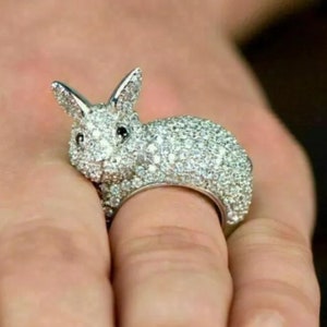 Bunny Rabbit Ring, Black & White Round Moissanite Diamond Ring, Animal Inspire Ring, Gift For Animal Lovers, Men Or Women&#39;s Party Wear Ring
