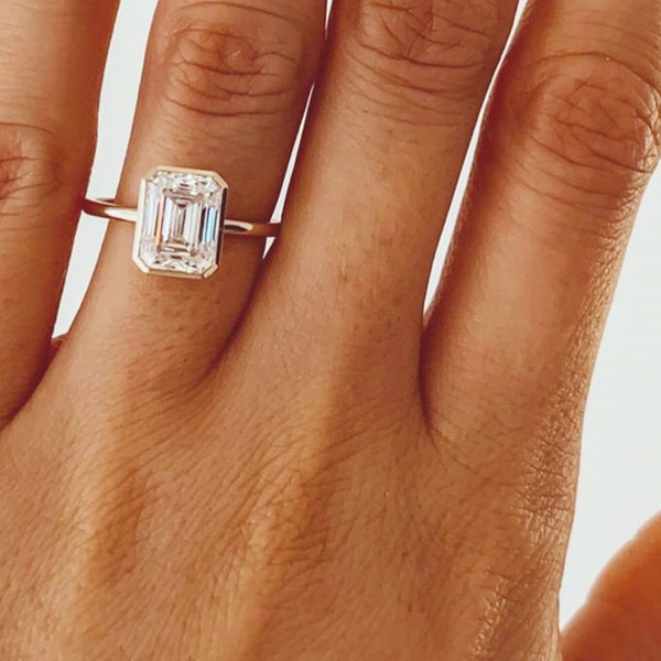 Emerald Cut Moissanite Diamond Ring, Solitaire Wedding Ring, Bezel Set Engagement Ring, Promise Ring For Girlfriend, Anniversary Gift Ring