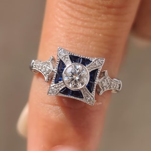 Old European Cut CZ Simulated Diamond Ring, Vintage Style Edwardian Art Deco Ring, Sapphire Engagement Ring, 925 Silver, Gift For Mom