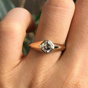 Bezel Set Solitaire Engagement Ring, Kite Set Asscher Moissanite Diamond Wedding Ring, 14K Yellow Gold Men&#39;s & Women&#39;s Ring, Christmas Gift