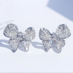 Beautiful Bow Style Stud Earrings, Round Moissanite Diamond Ribbon Bow Tie Studs, 14K White Gold Push Back Stud Earring, Birthday Gift