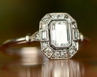 Emerald Cut Halo Diamond Ring, Engagement Bridal Ring, Edwardian Wedding Ring, 925 Silver And 14K Gold Ring, Art Deco Ring, Vintage Ring