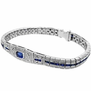 Sapphire & White Multi Cut CZ Stone Bracelet, Women&#39;s Edwardian Tennis Bracelet, Art Deco Retro Bracelet, 925 Silver Bracelet, Birthday Gift