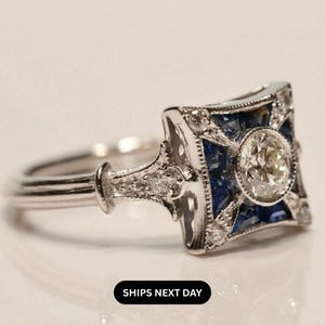 Old European Diamond Vintage Inspire Ring, Antique Edwardian Art Deco Ring, Engagement Proposal Ring, Sapphire Victorian Ring, Gift For Mom