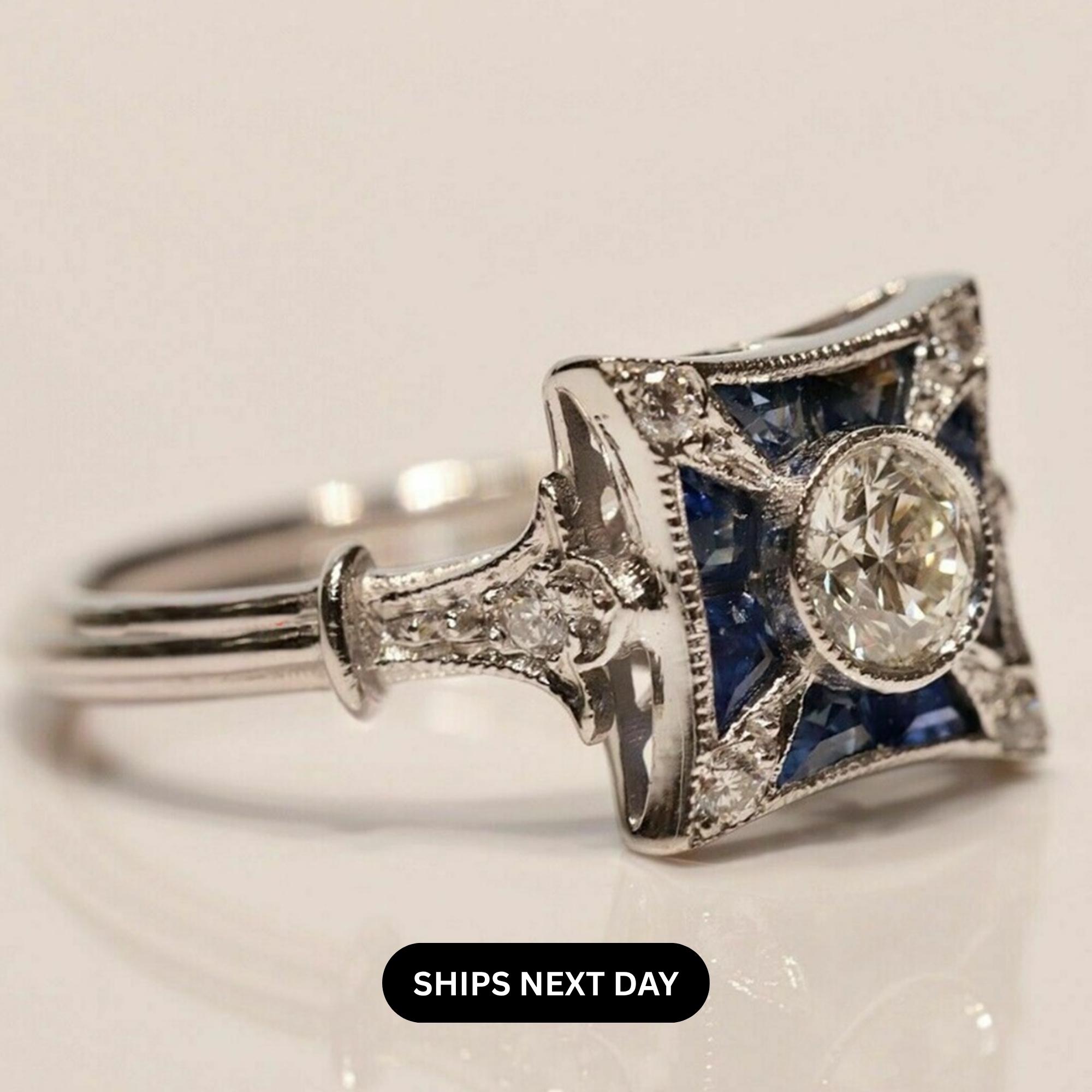 Old European Diamond Vintage Inspire Ring, Antique Edwardian Art Deco Ring, Engagement Proposal Ring, Sapphire Victorian Ring, Gift For Mom