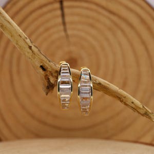 1.00TCW Baguette Cut Moissanite Diamond Huggie Earrings, Channel Setting Hoop Earrings, 10K Yellow Gold Hoops, Cartilage Hoop Dainty Jewelry