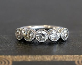 Old European Cut Moissanite Diamond Engagement Ring, Minimalist Ring, Milgrain Bezel Set Five Stone Ring, 18K Gold Wedding Ring For Women
