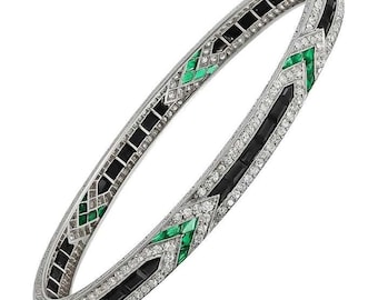 Emerald & Onyx CZ Stone Bangle Bracelet, Multi Shape CZ Stone Bangle Bracelet, 925 Silver Wedding Anniversary Bracelet, Engagement Gift