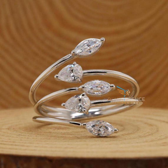 Five Stone Minimalist Ring, Open Gap Ring, Bypass Shank Ring, Pear