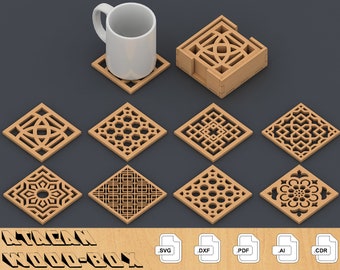 Coasters Vector Laser cut file SVG DXF, Vector plans, Glowforge Laser cut template Patterns 095