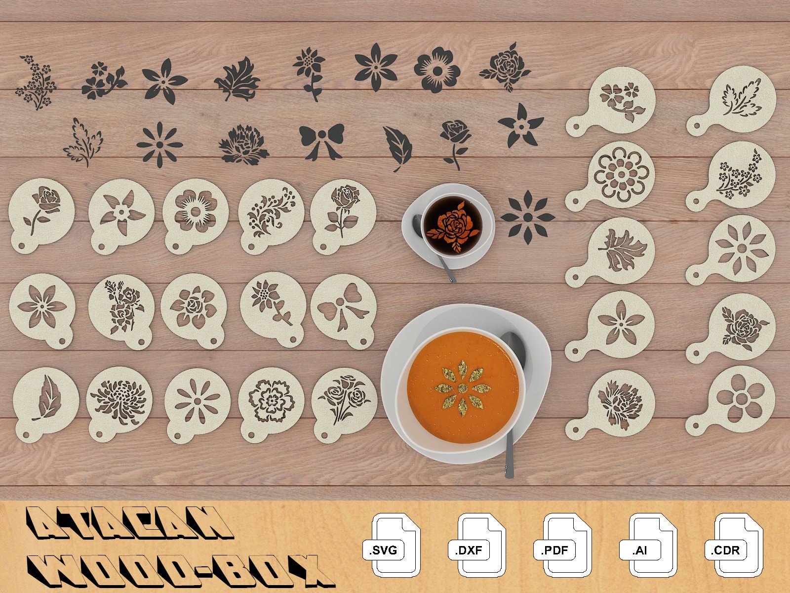 Coffee Stencil Set / Barista Latte Pattern Design / Kitchen Art Stencils /  Cooking Template Laser Svg Files 254 