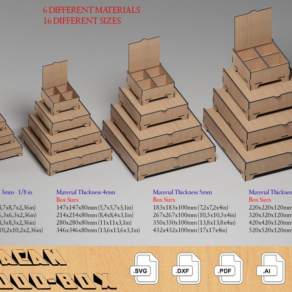 16 Sizes Box Set Laser Cut Files / Boxes with Flip lid and compartment / Multiple Materials / Storage Organizer Glowforge SVG DXF Ai CDR 339