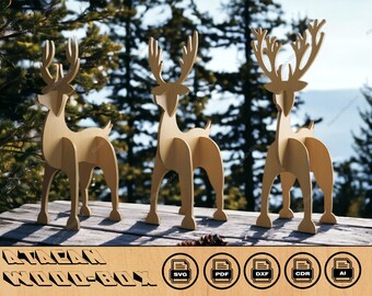 3-Type Christmas Deer Laser Cut Files | Noel & New Year Wooden Reindeer Decor SVG 295