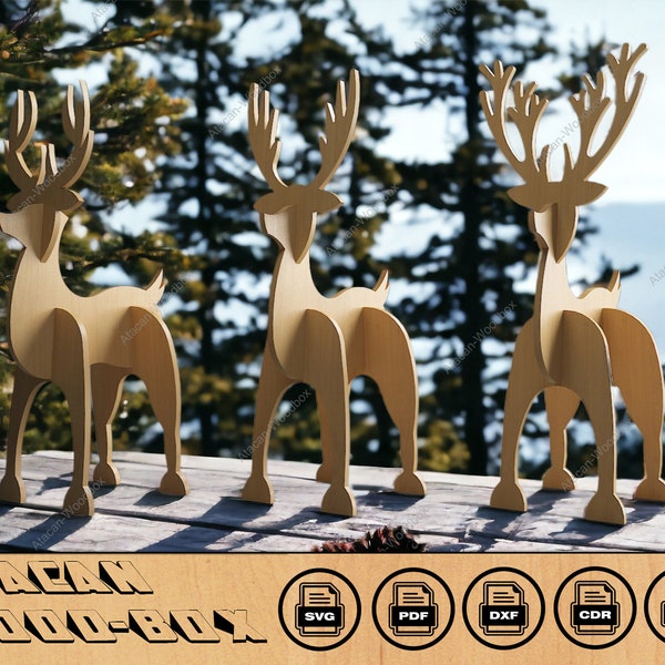 3-Type Christmas Deer Laser Cut Files | Noel & New Year Wooden Reindeer Decor SVG 295