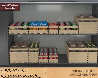 Boîtes de rangement de cuisine / Placard Organiser des boîtes empilables / Boîte découpée au laser en bois / Fichiers vectoriels Glowforge Box SVG DXF Ai CDR 389