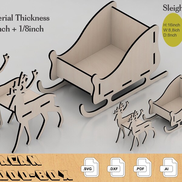 Slitta di Babbo Natale in legno 3d con cervi / decorazioni natalizie / renne File di taglio laser di Capodanno 272