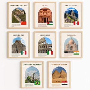 World Wonders Poster Set of 8, 7 Wonders of the World + Pyramids, History Classroom Decor, Geography Wall Art Printable, Travel Wall Decor