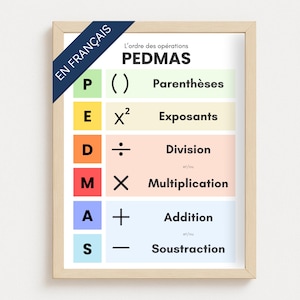 PEDMAS, Ordre des opérations, Affiche de mathématiques, Classe de math, Décor