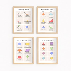 May include: Four framed educational posters displaying geometric shapes and angles. The posters are labeled "Types of Angles," "Types of Triangles," "Types of Quadrilaterals," and "Types of Polygons." Each poster features colorful diagrams and text descriptions, perfect for a classroom or home learning environment.