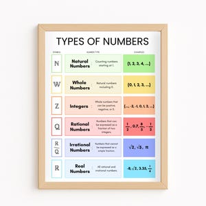 May include: A framed educational poster titled "TYPES OF NUMBERS" with a light wood frame. The poster displays a colourful chart with mathematical symbols, number types, and examples. The chart includes natural, whole, integers, rational, irrational, and real numbers.