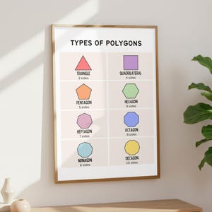 May include: A framed educational poster titled "TYPES OF POLYGONS" displays colourful geometric shapes with their corresponding number of sides. Shapes include a triangle, quadrilateral, pentagon, hexagon, heptagon, octagon, nonagon, and decagon.