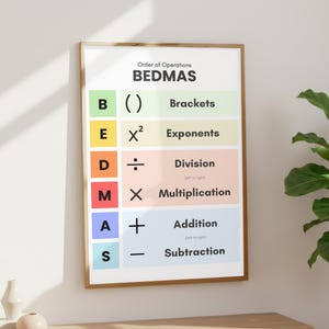 May include: A framed educational poster illustrating the order of operations, labeled BEDMAS. The poster features a white background with colourful sections for each operation: Brackets, Exponents, Division, Multiplication, Addition, and Subtraction. The poster is in a wooden frame.