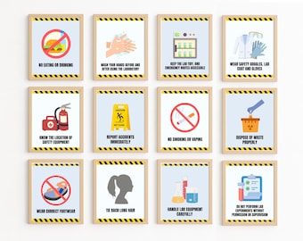 May include: A set of twelve framed laboratory safety posters. Each poster features a different safety instruction with corresponding illustrations and text. The posters include warnings about eating, drinking, and smoking, and instructions on proper waste disposal.
