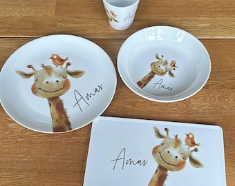 Kindergeschirr, Kinderteller mit Namen, personalisiert, Taufgeschenk, erster Geburtstag, Geschenk Geburt, Kindergeschirr Set Melamin, Safari