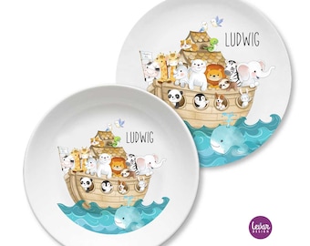 Personalisiertes Kindergeschirr, Kinderteller mit Namen, Arche Noah, Taufgeschenke Jungen, Taufe Geburt Mädchen, Kindergeschenk Taufgeschenk