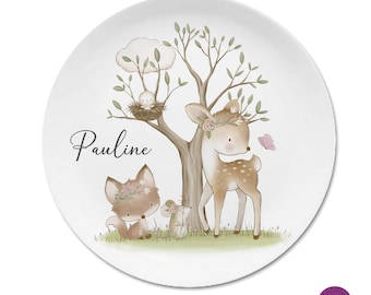 Personalisiertes Kindergeschirr Kinderteller mit Namen, Kindergeschenk, Waldtiere, Taufe Geschenk Kind erster Geburtstag, Reh Fuchs Melamin